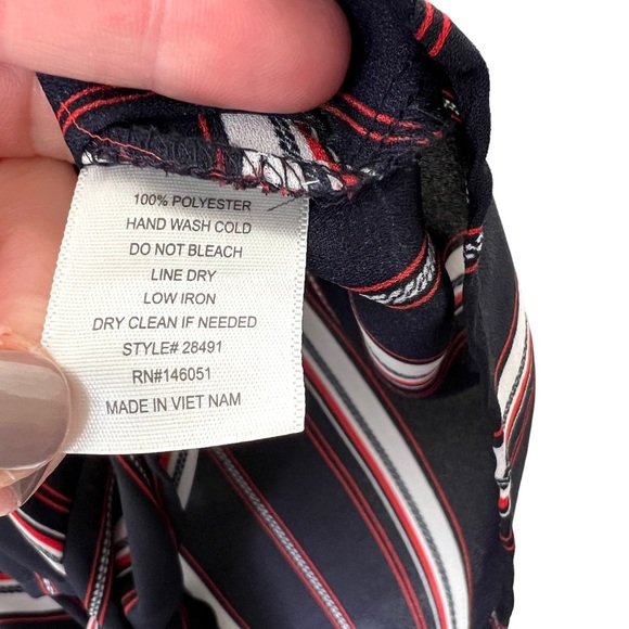 MONTEAU Striped Flutter Sleeve Front Bow Tie Blouse Navy Blue Red White Sz M - Picture 8 of 9